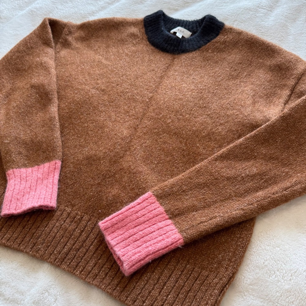 ALC Brown Alpaca Blend Colorblock Sweater Pink Cuffs Black Crew Neck size Small - Picture 3 of 9